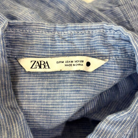 Zara 100% Linen Shirt Men M Casual Button Up Striped Blue Beachy Preppy Coastal - Picture 6 of 8